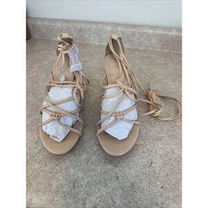 Lace Up Block Heels Sandals Women’s Size 10.5 Nude Strappy‎ Ankle Tie Shoes